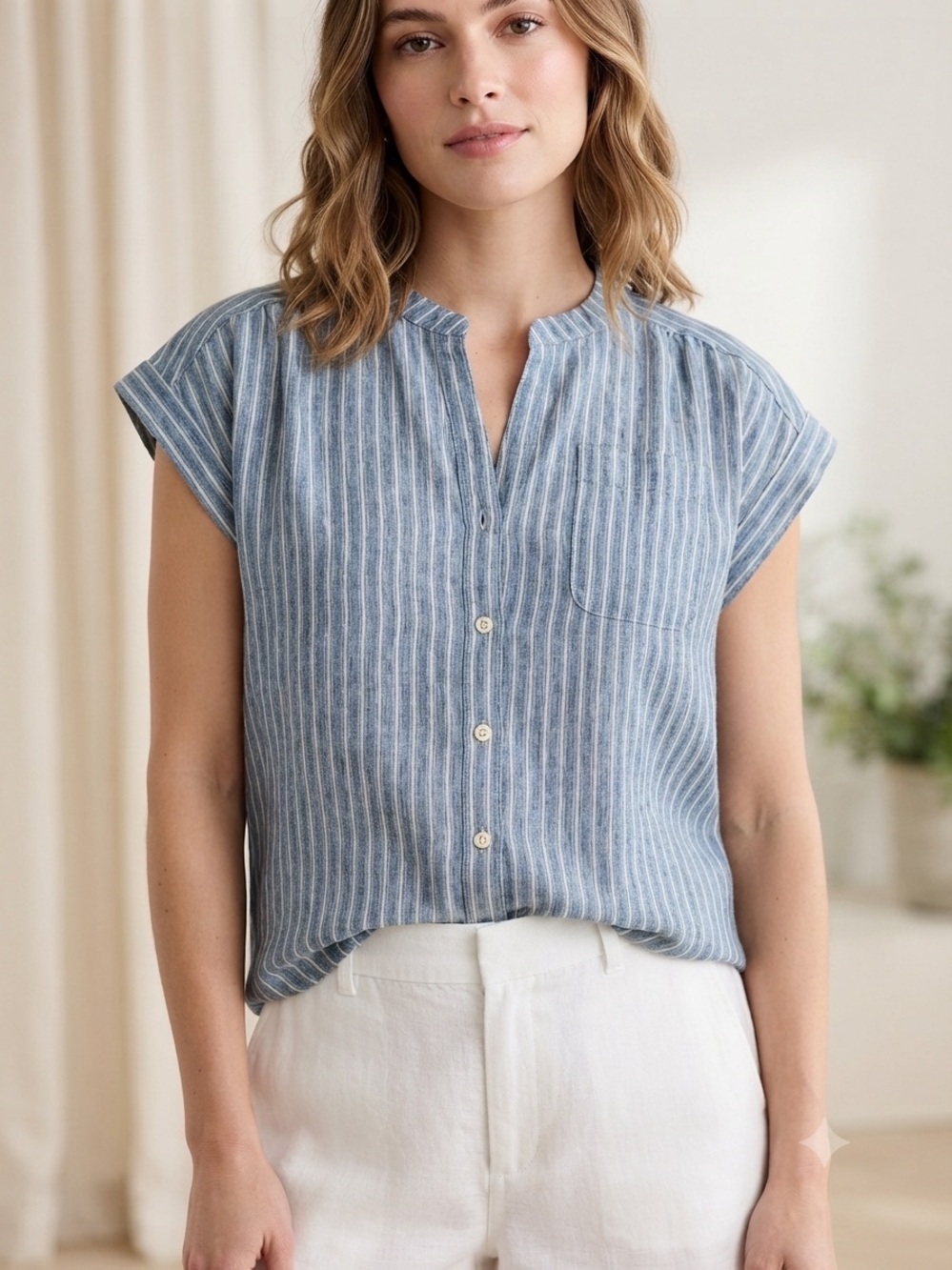 J. Crew Mercantile Blue Striped Cap-Sleeve Button Front Blouse